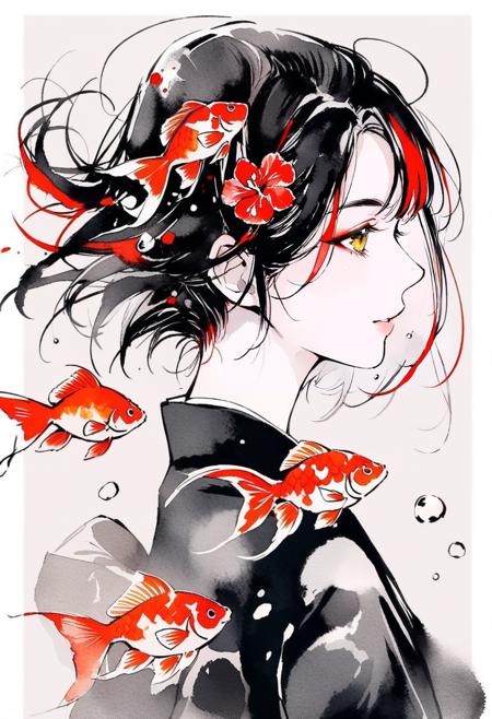 01064-3207046067-masterpiece, best quality,_lora_inkXL_ANI31_lokr_V43P1_0.95_monochrome, watercolor, 1girl, fish, goldfish, black hair, bubble, y.png